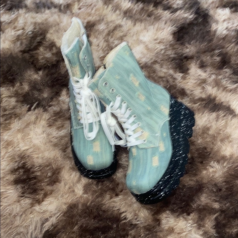 Denim medium blue Lace Up Combat Moto boots